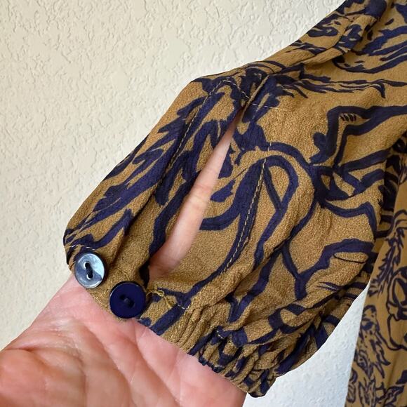 PERUVIAN CONNECTION Mini Dress Brown Blue Floral Puff Sleeve Boho - Picture 6 of 13